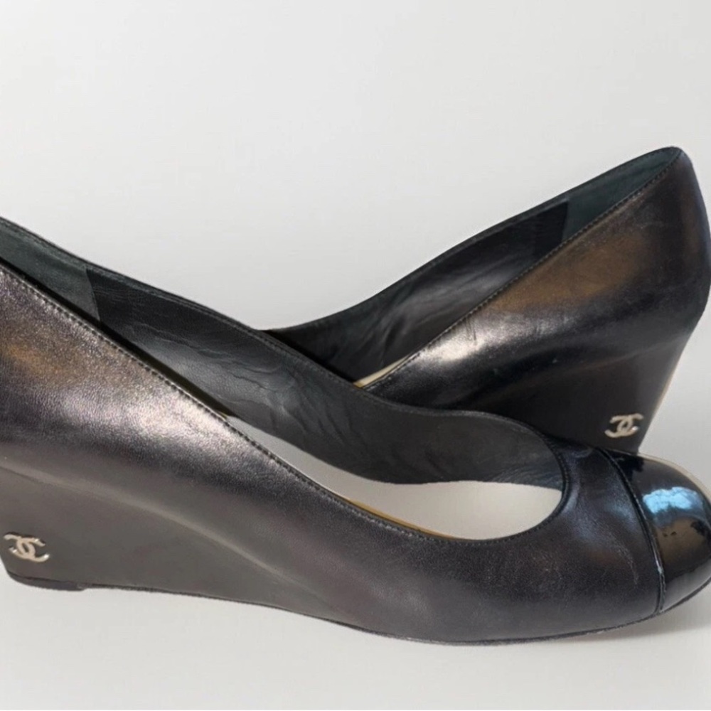 CHANEL Black Wedge Shoes 38.5 Like New!